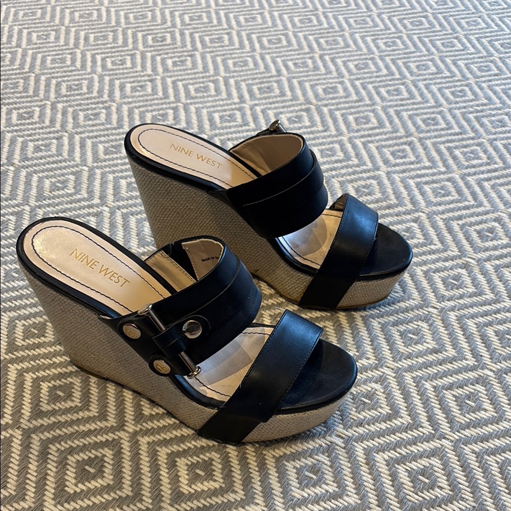 Nine West Black Leather Platform Wedge Sandals